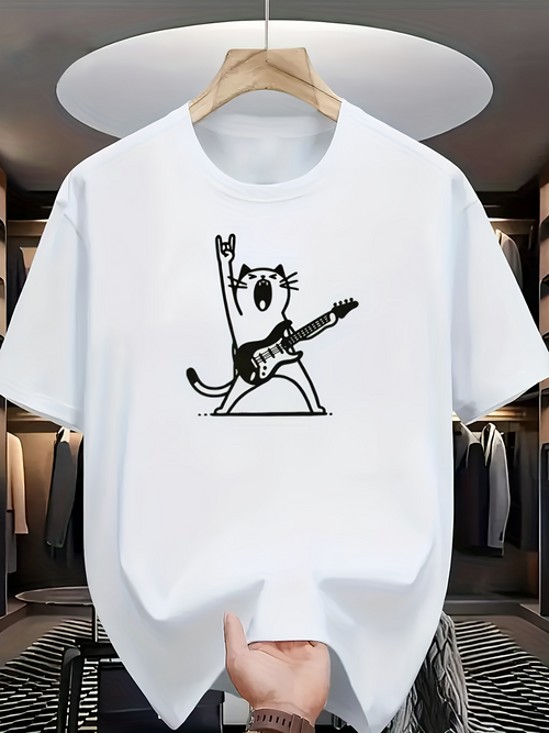 Men's Graphic T-Shirt Happy Cartoon Cat Playing Electric Guitar Under Studio Lights