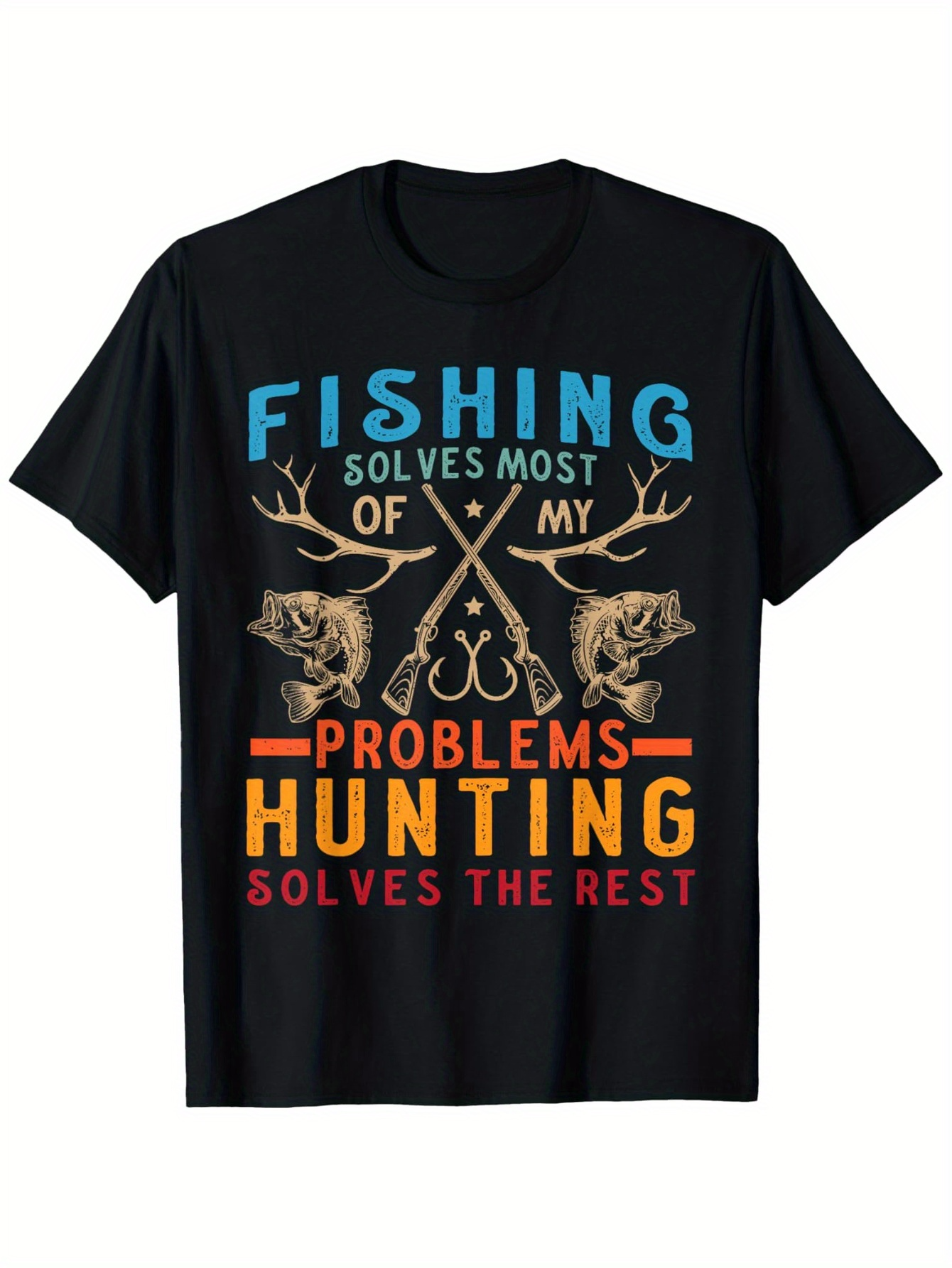 Men's Graphic T-Shirt Fishing And Hunting Solves Problems Among Antlers Skull And Hooks