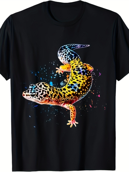 Men's Graphic T-Shirt Colorful Paint Splashes With Vibrant Spotted Pattern Lizard