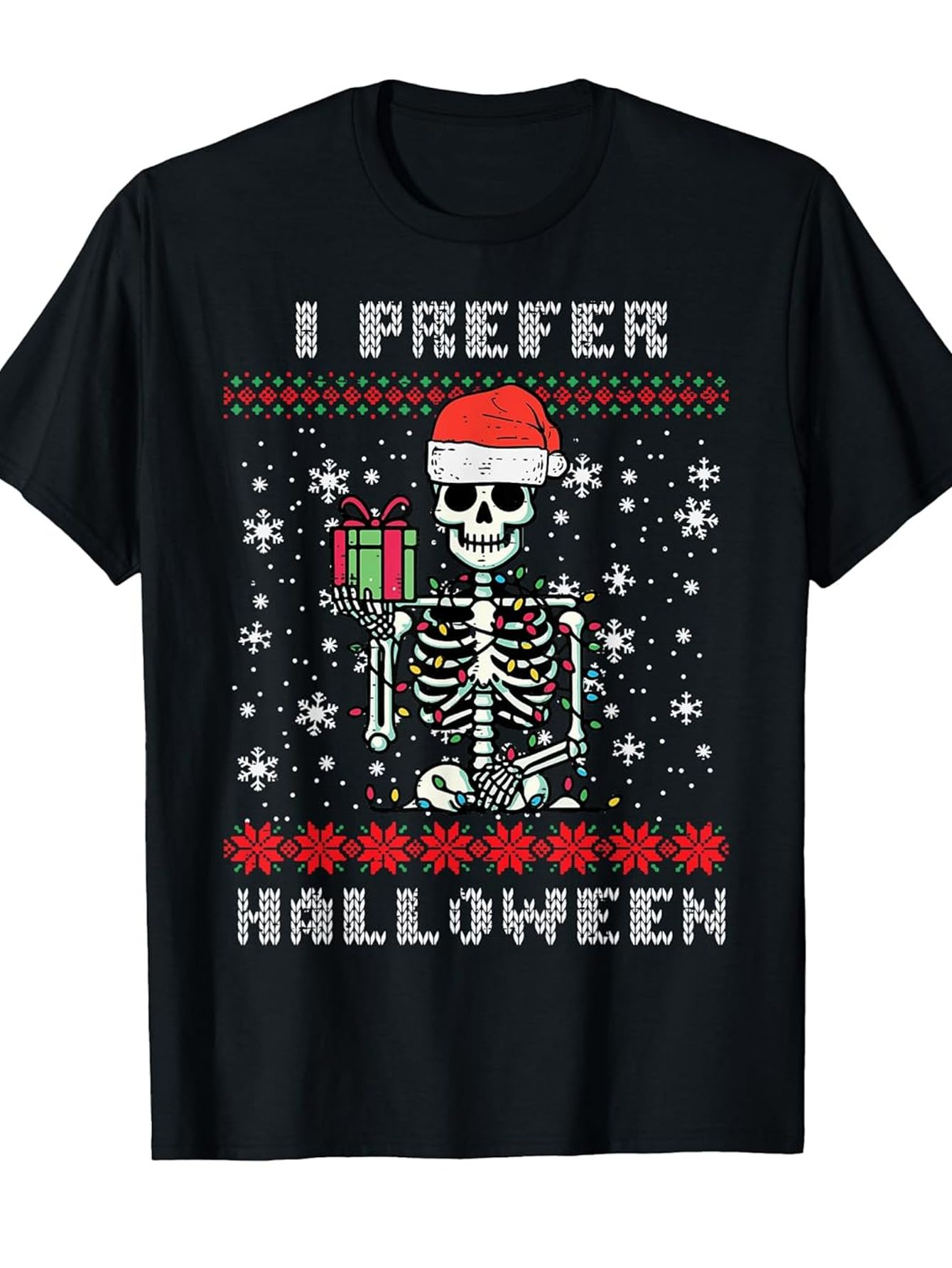 Men's Graphic T-Shirt I Prefer Halloween Grinning Skeleton Wearing Santa Hat With Presents And Falling Snowflakes