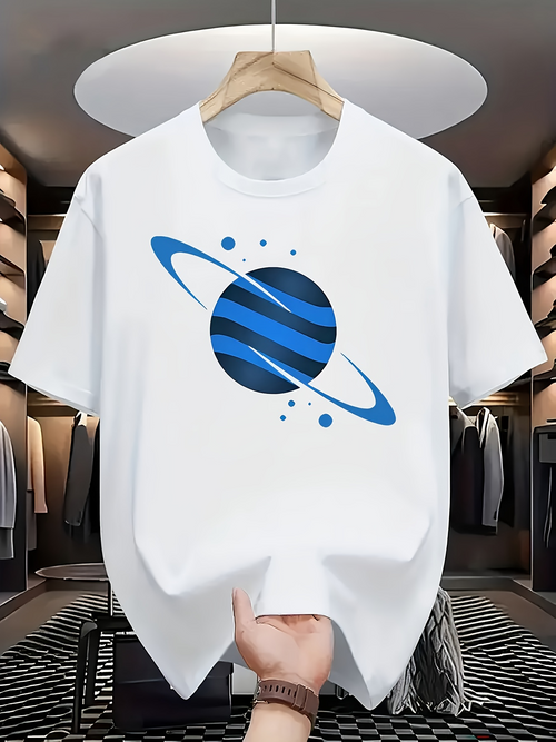 Men's Graphic T-Shirt Electric Blue Rings With Swirling Black Centered Planet