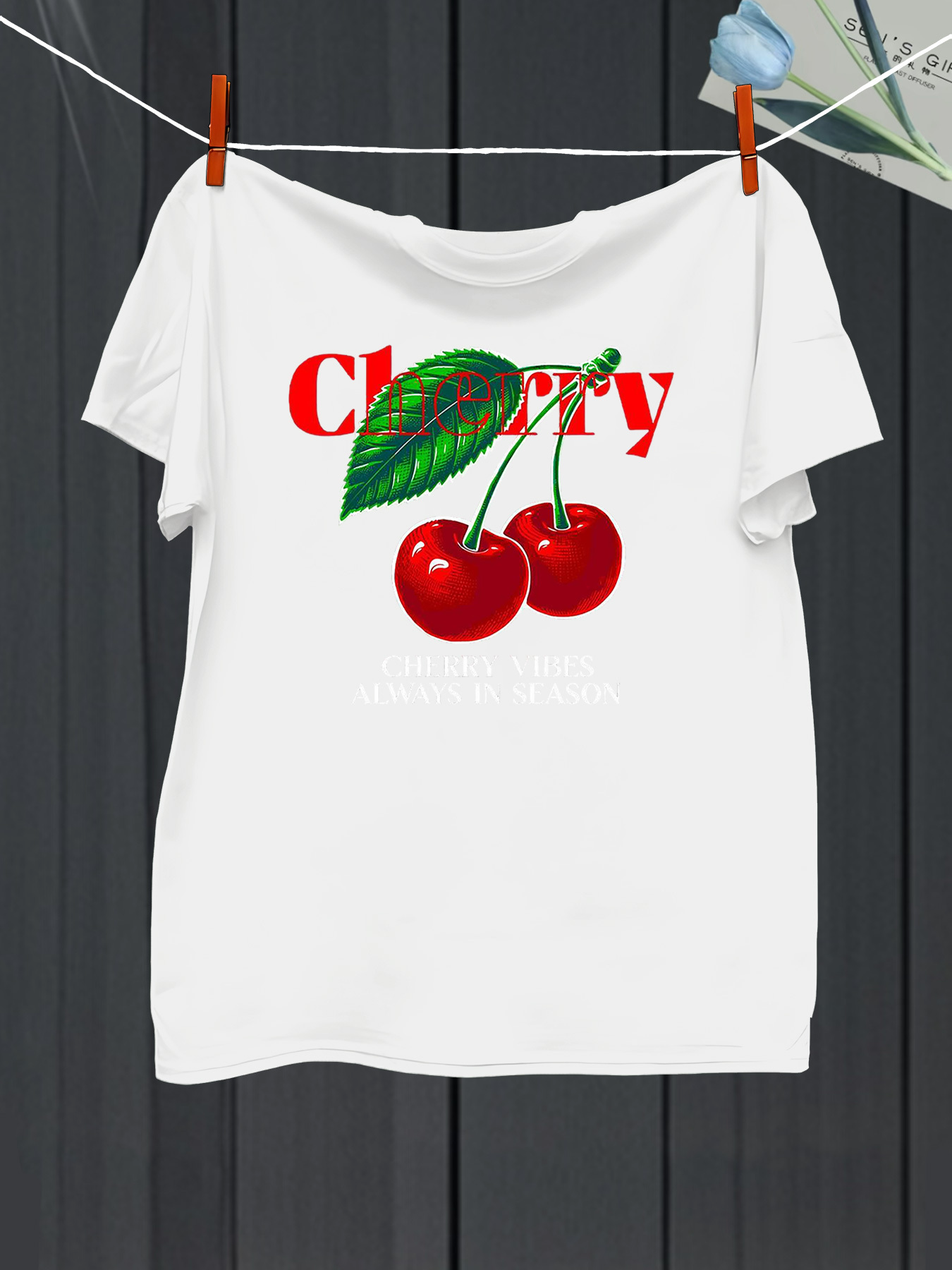 Men's Graphic T-Shirt Cherry Red Letters With Green Leaf Featuring Juicy Double Fruit Cherry