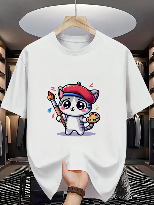Men's Graphic T-Shirt Adorable Painter Cat Holding Colorful Palette Under Studio Lights Cat