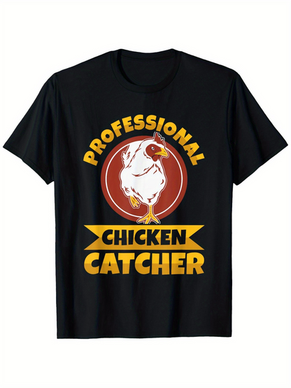 Men's Graphic T-Shirt Professional Yellow Banner With Cartoon Hen Among Red Circle Chicken