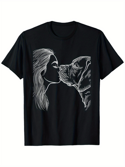 Men's Graphic T-Shirt Outlined Portrait With Woman Kissing A Gentle Loyal Dog