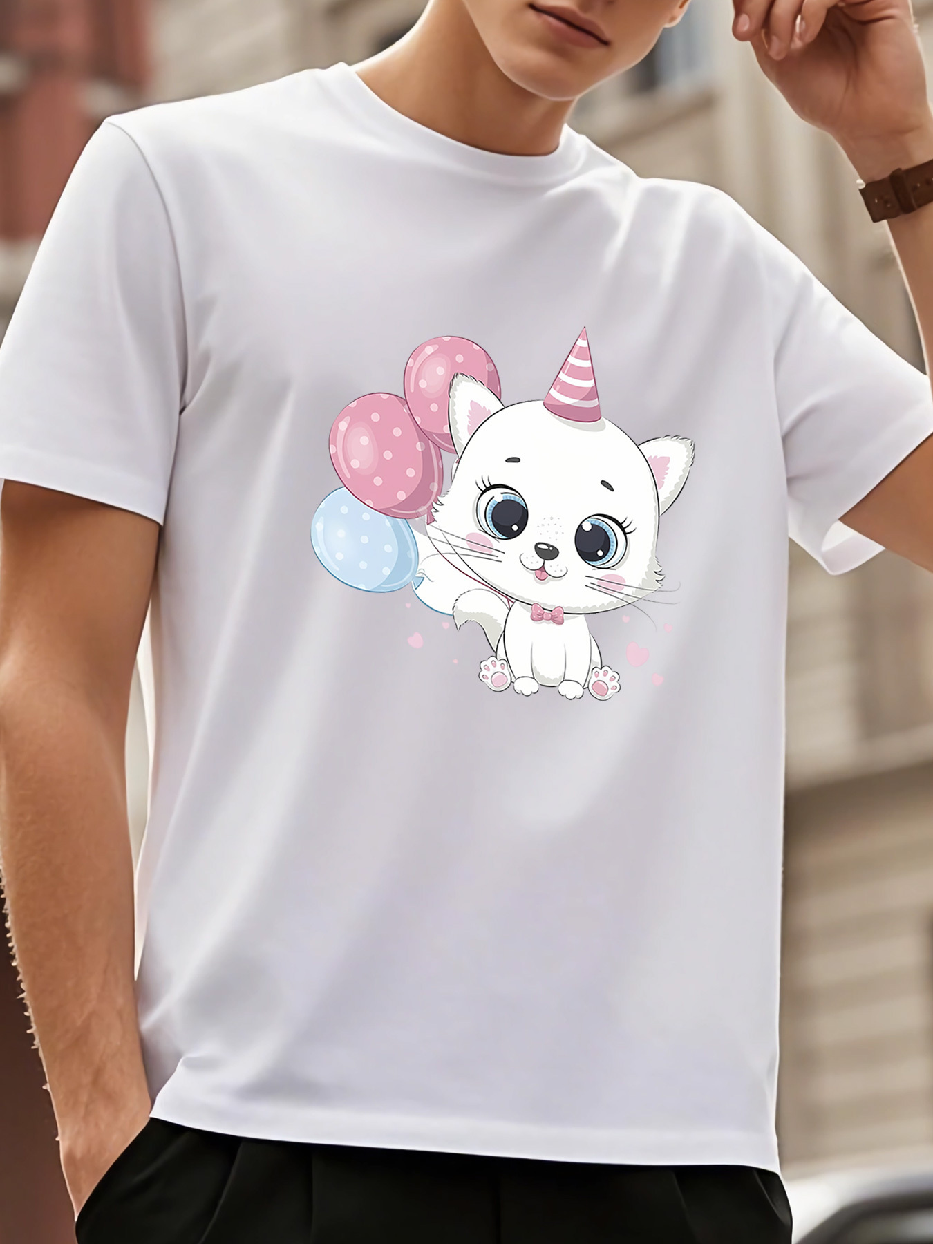 Men's Graphic T-Shirt Playful Pastel Balloons With Whimsical Party Unicorn Cat