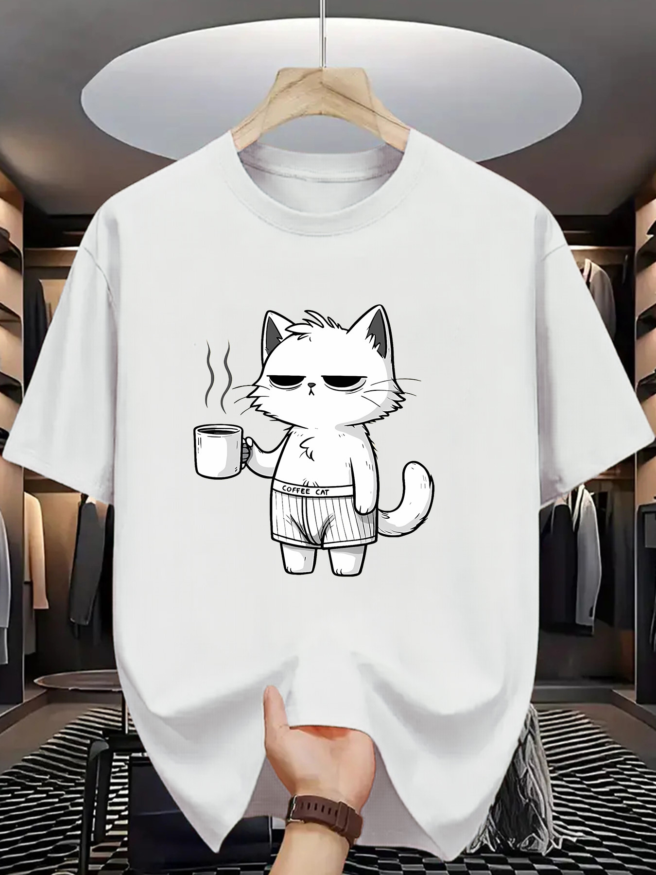 Men's Graphic T-Shirt Sleepy Morning Cat Holding A Steaming Coffee Cup Cartoon Cat