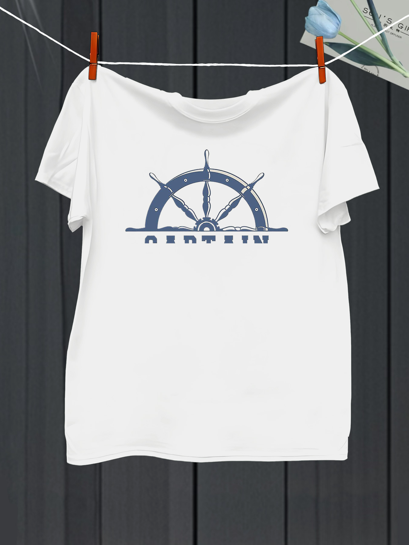 Men's Graphic T-Shirt Blue Marine Steering Wheel With Subtle Shadow Nautical White Helm