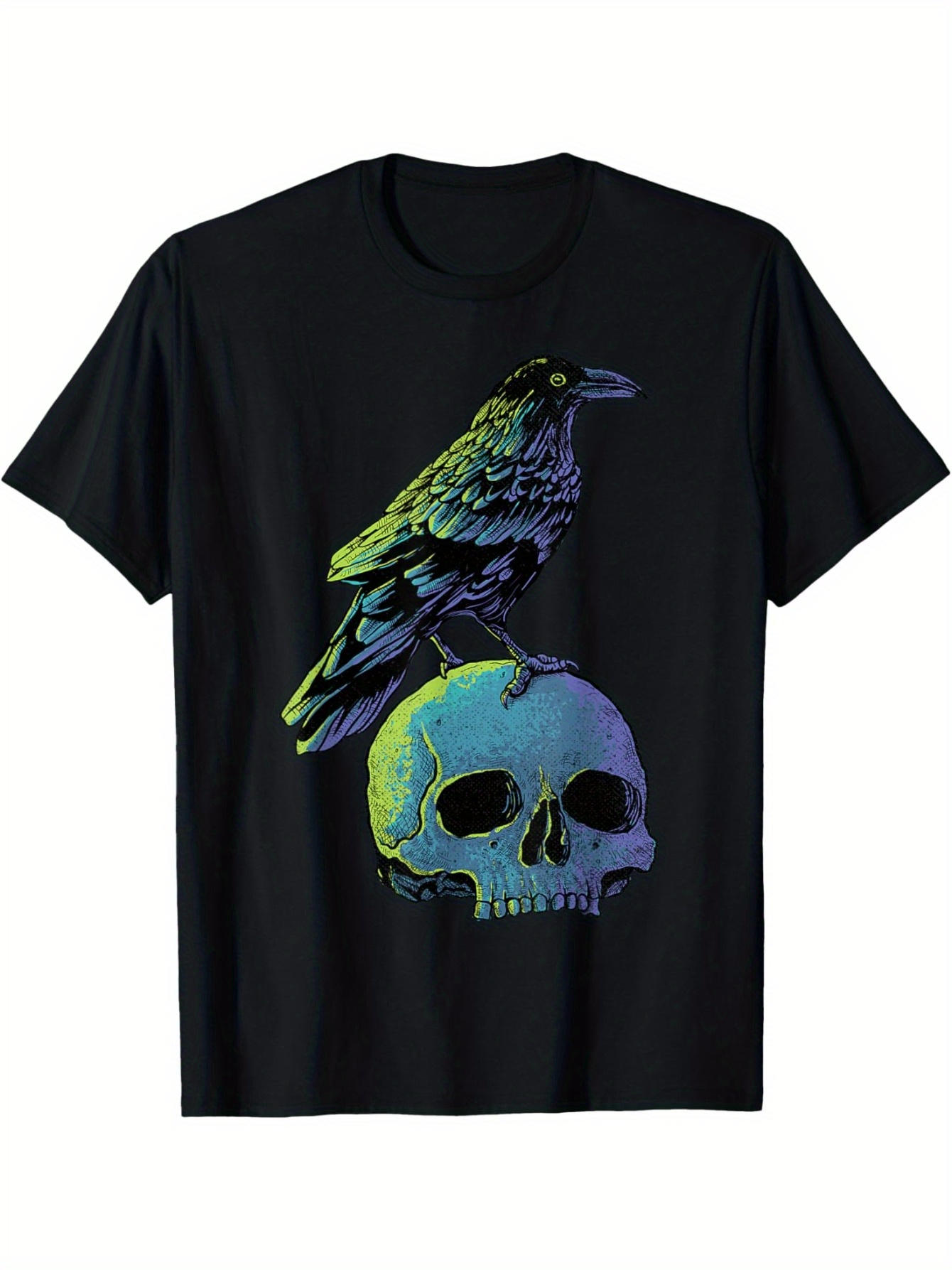 Men's Graphic T-Shirt Dark Crow Perched On Luminous Skull Under Mysterious Shadows Artwork Skull