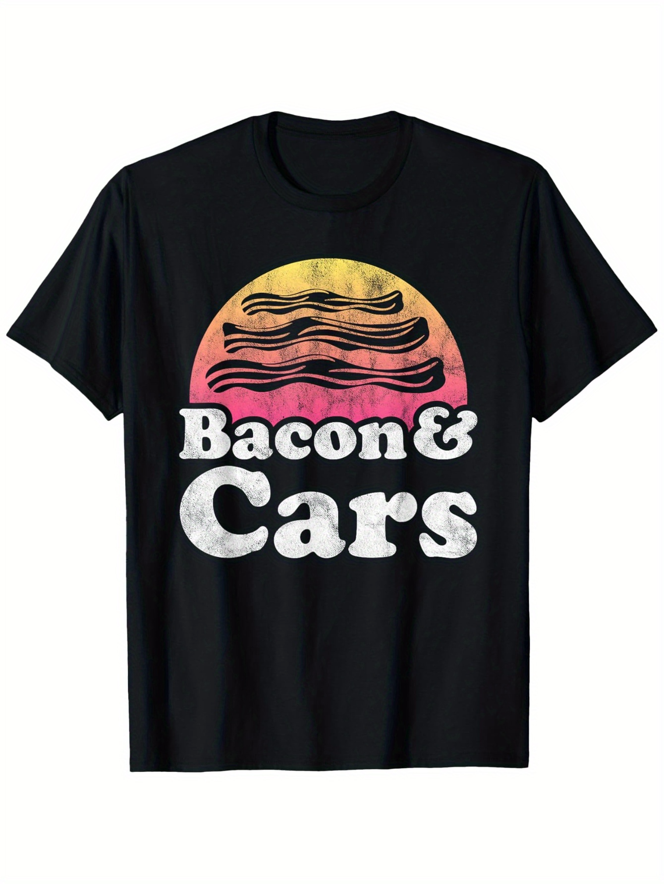 Men's Graphic T-Shirt Bacon And Cars Vintage Sunset With Striped Bacon Across Retro Background