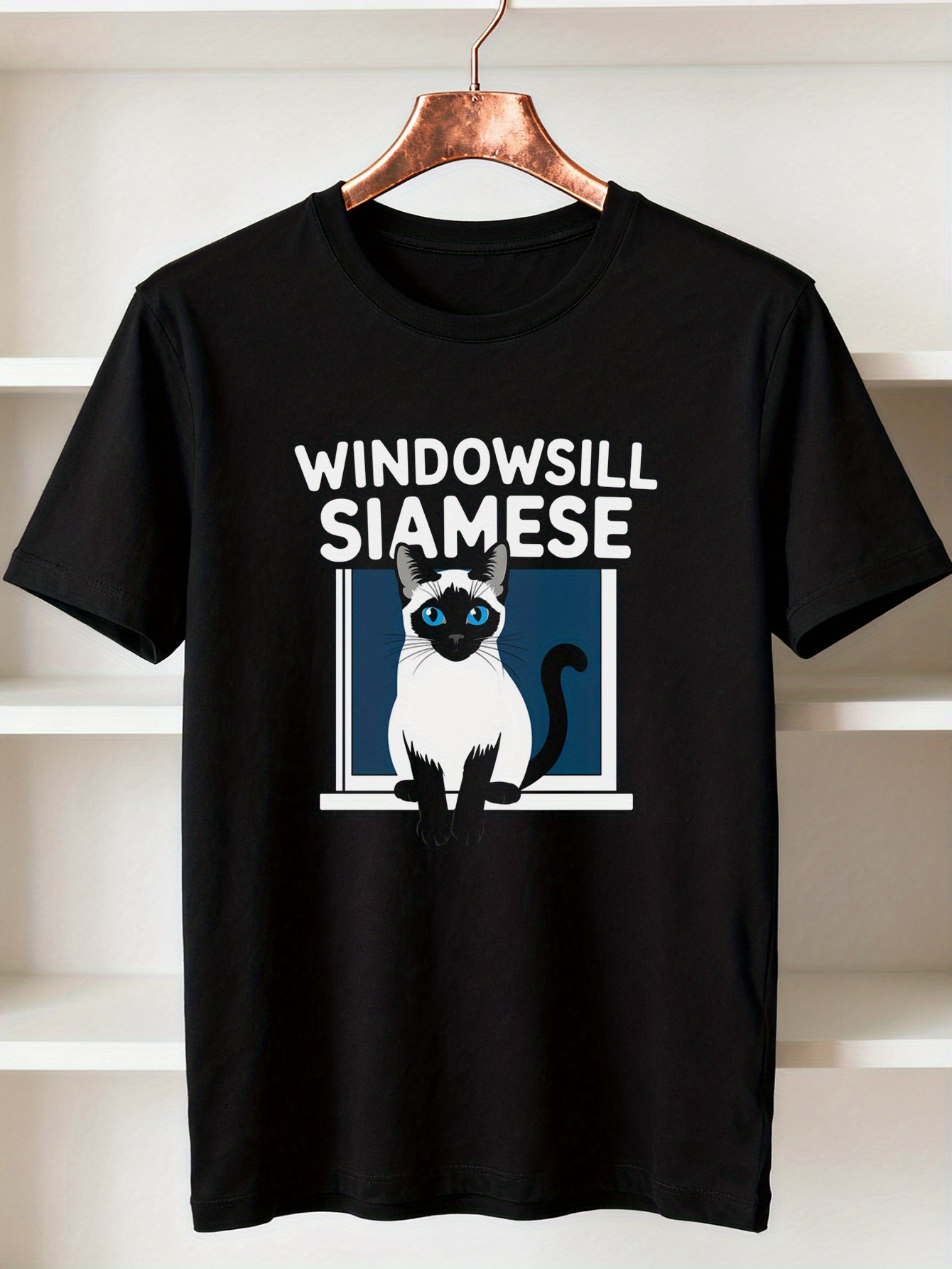 Men's Graphic T-Shirt Windowsill Siamese Cat With Blue Eyes Sitting In A Window Frame