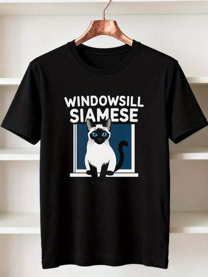 Men's Graphic T-Shirt Windowsill Siamese Cat With Blue Eyes Sitting In A Window Frame