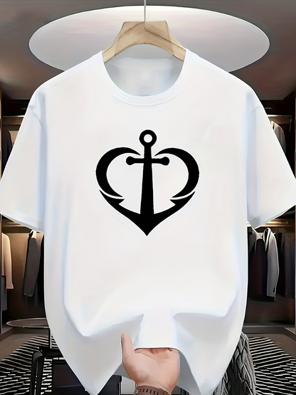 Men's Graphic T-Shirt Black Bold Anchor Surrounded By Curved Heart Symbol Centered Design