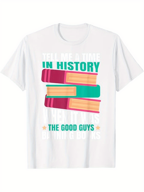 Men's Graphic T-Shirt Tell Me A Time In History With Stacked Colorful Hardcover Books
