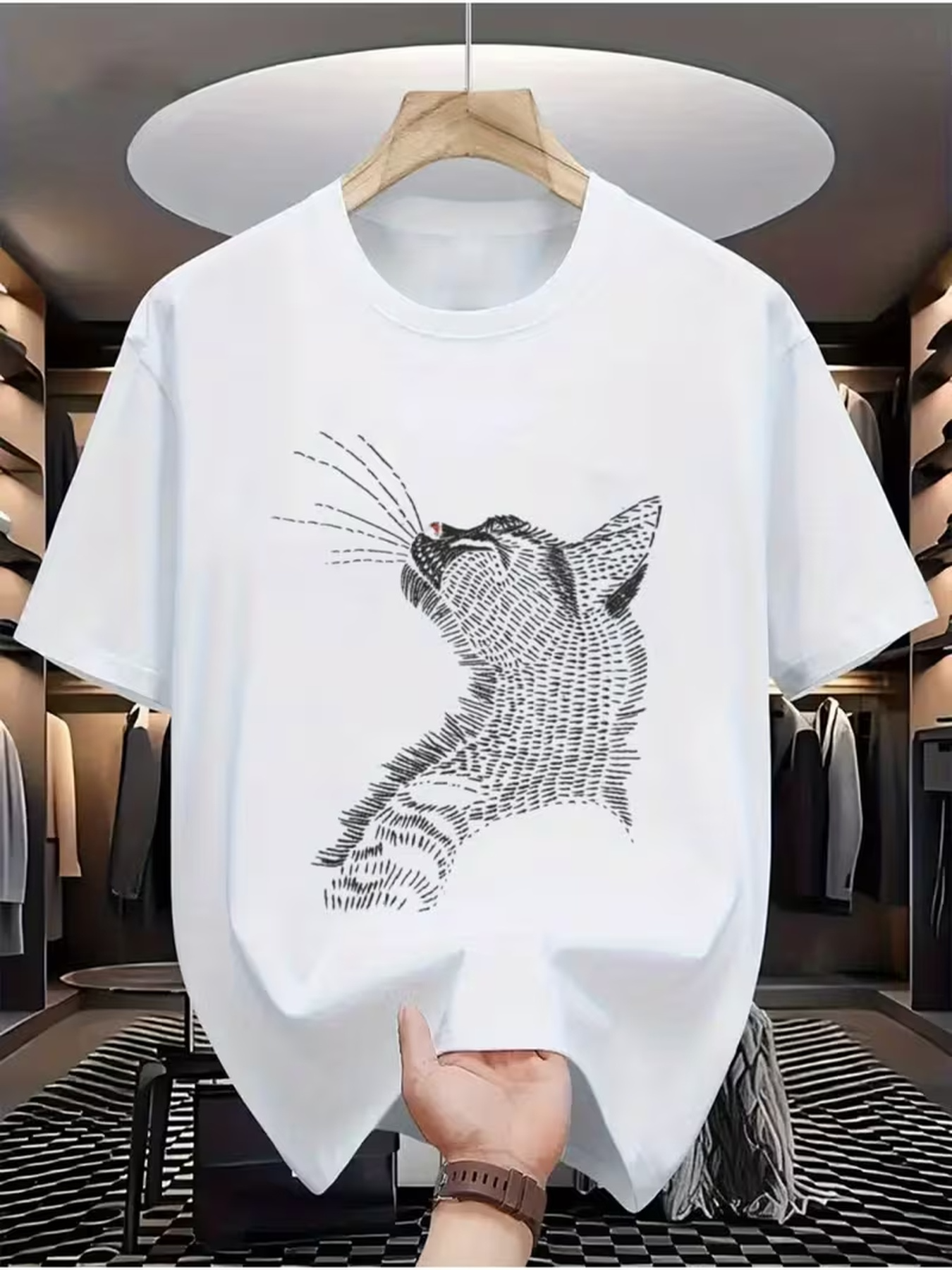 Men's Graphic T-Shirt Geometric Lines Forming A Majestic Cat Portrait Under Soft Light Cat