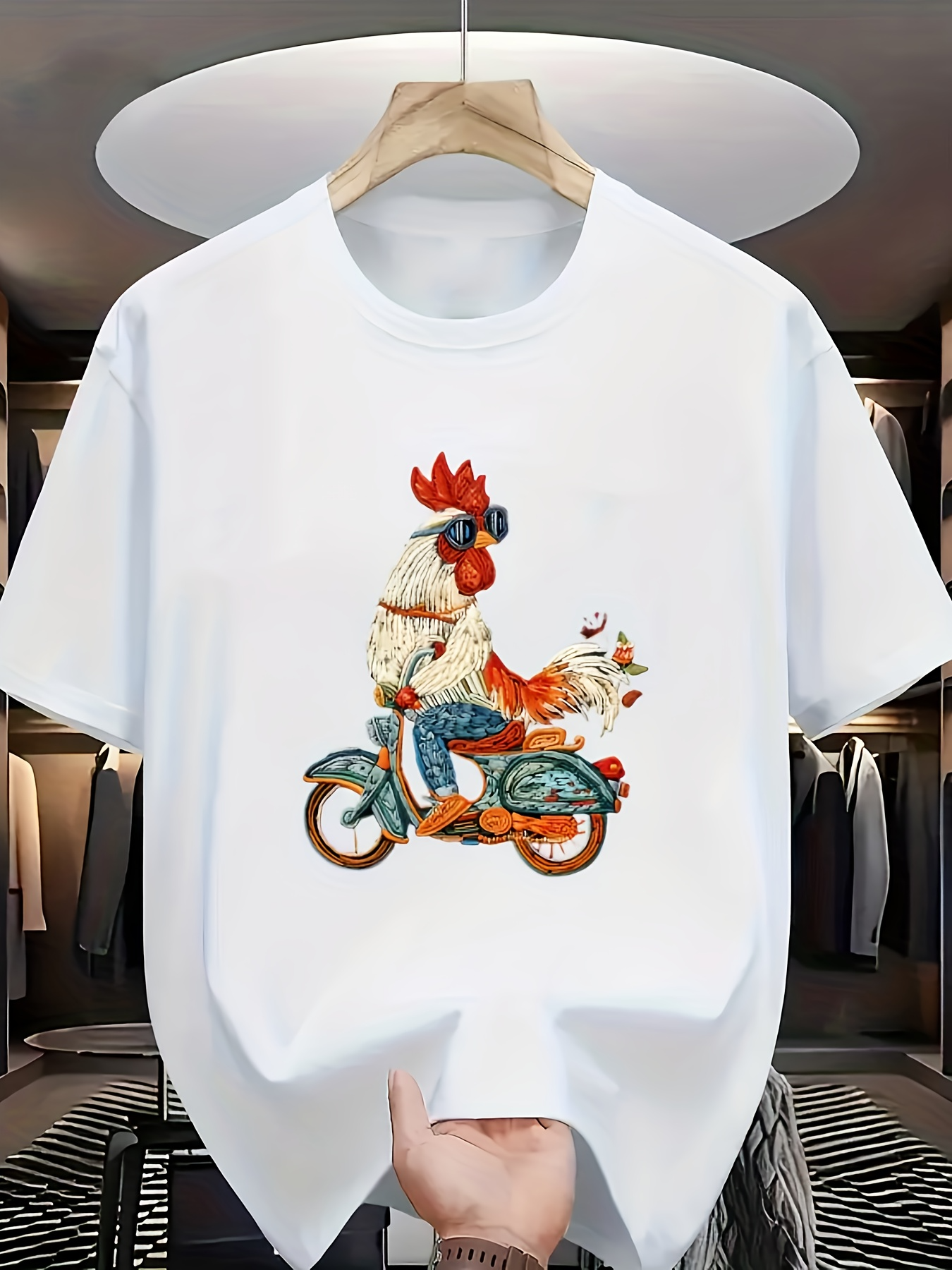 Men's Graphic T-Shirt Vintage Style Rooster With Sunglasses Riding Classic Blue Scooter