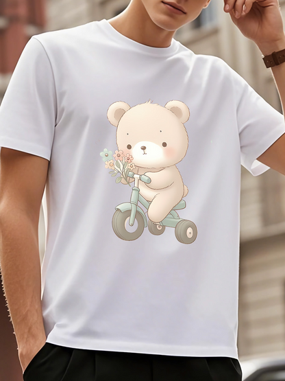 Men's Graphic T-Shirt Cute Soft Pastel Bear Riding A Little Tricycle With Flowers