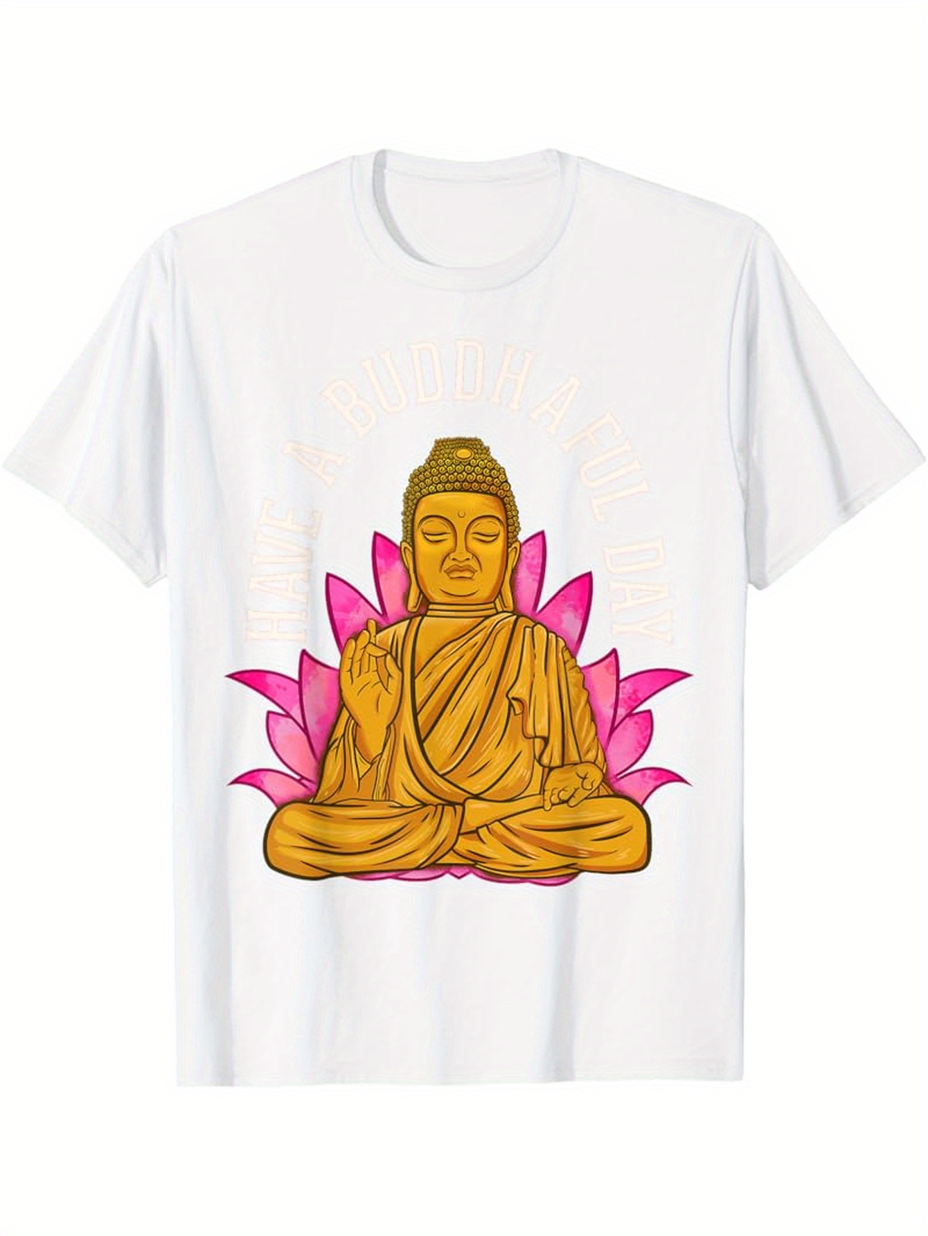 Men's Graphic T-Shirt Peaceful Meditation Golden Buddha Surrounded By Pink Lotus Petals Statue