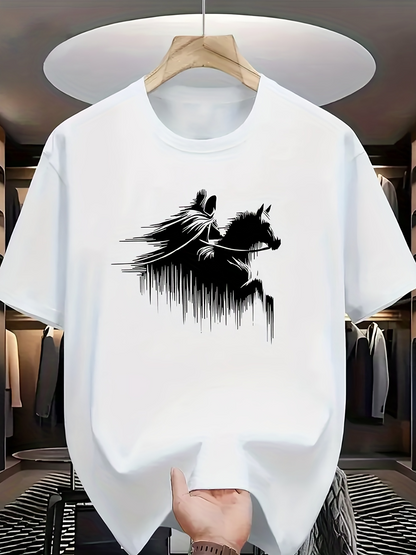 Men's Graphic T-Shirt Shadowed Warrior Galloping Through Mist On Snorting Horse