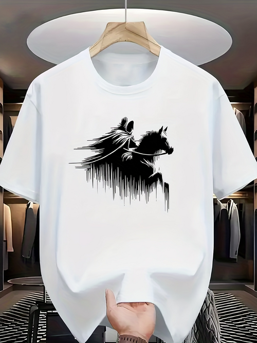 Men's Graphic T-Shirt Shadowed Warrior Galloping Through Mist On Snorting Horse