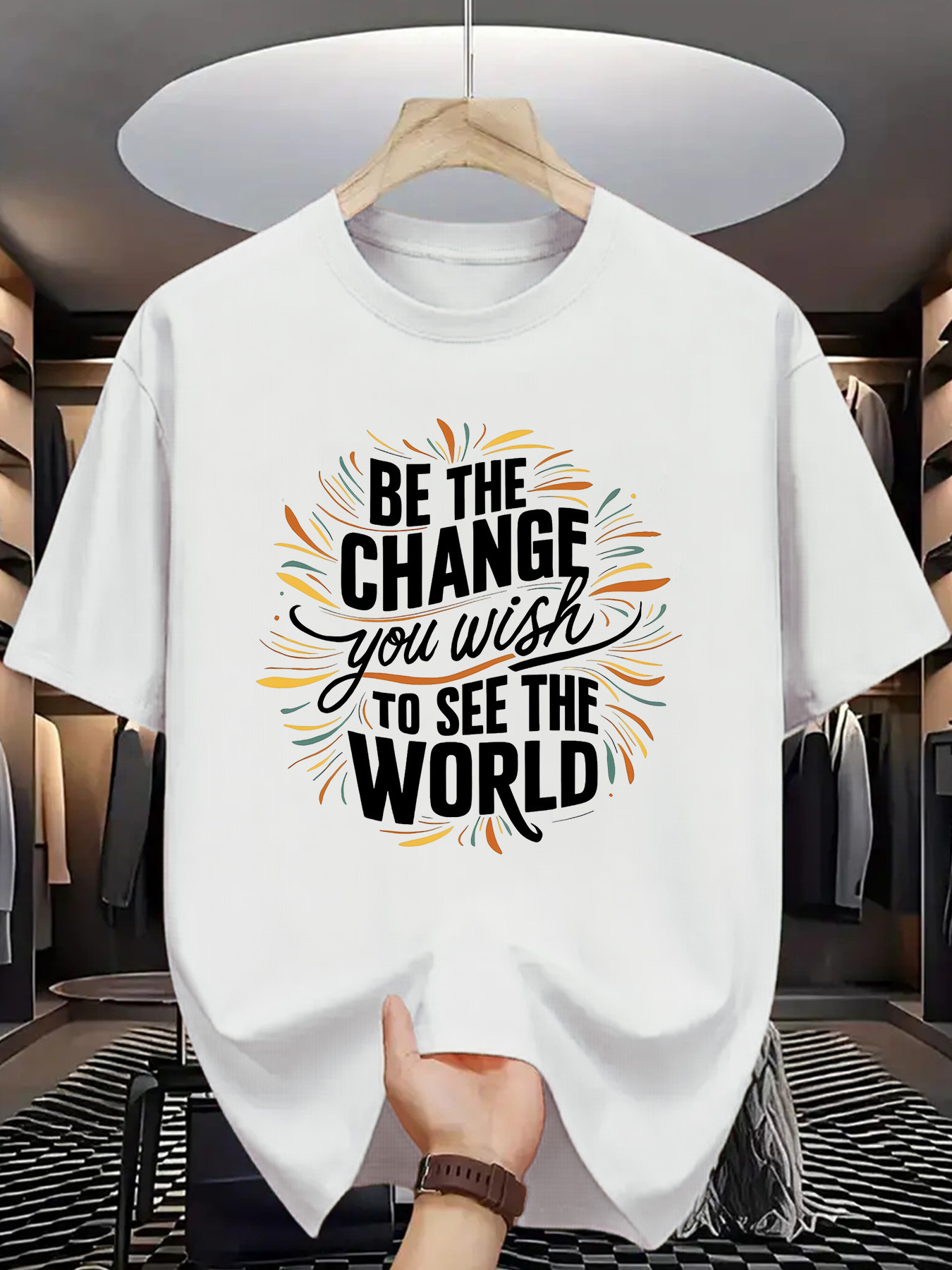 Men's Graphic T-Shirt Be The Change You Wish To See Radiating Lines Circle Around Inspiring Words