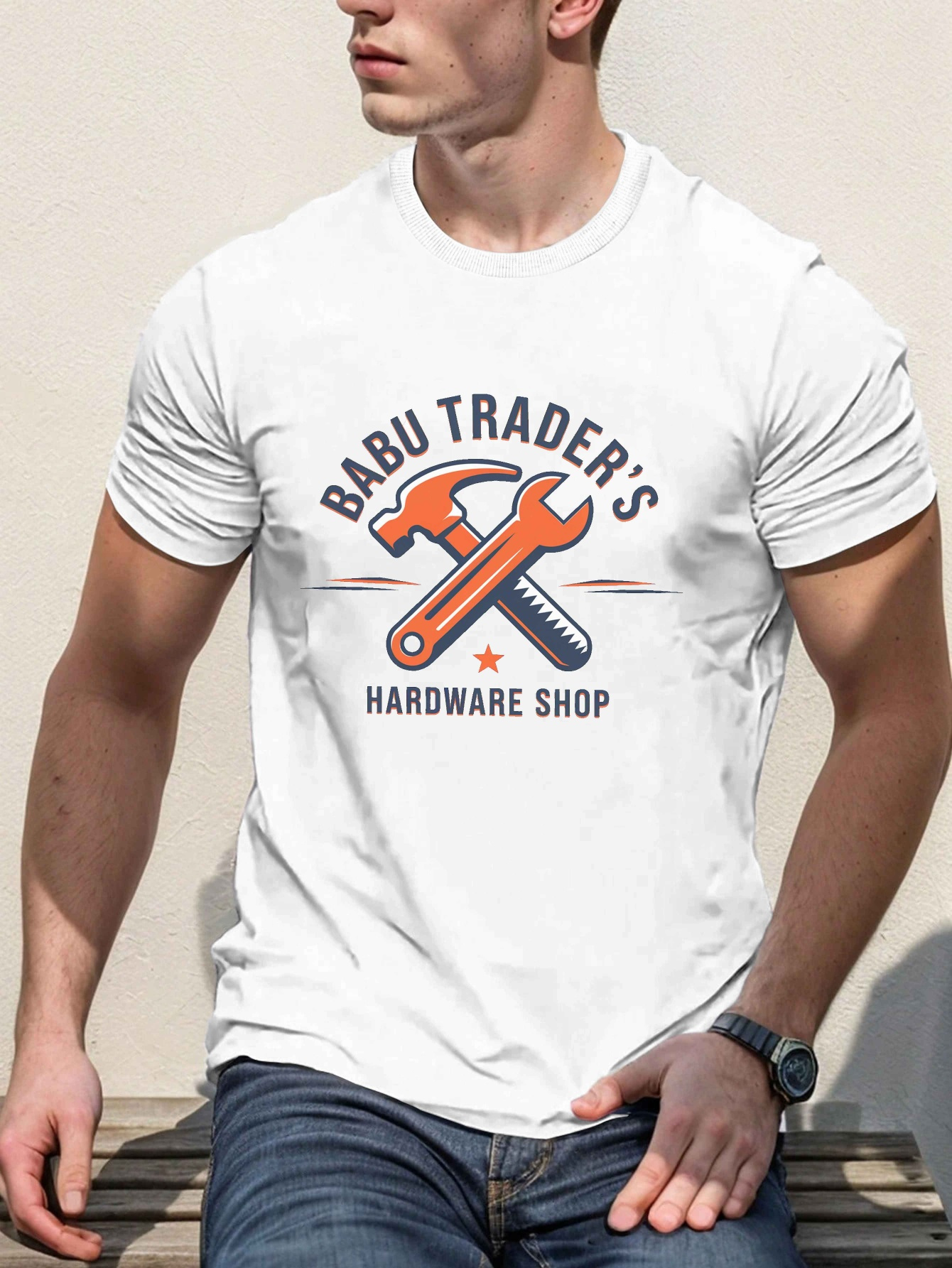 Men's Graphic T-Shirt Babu Traders Hardware Shop Logo With Crossed Tools And Star Wrench