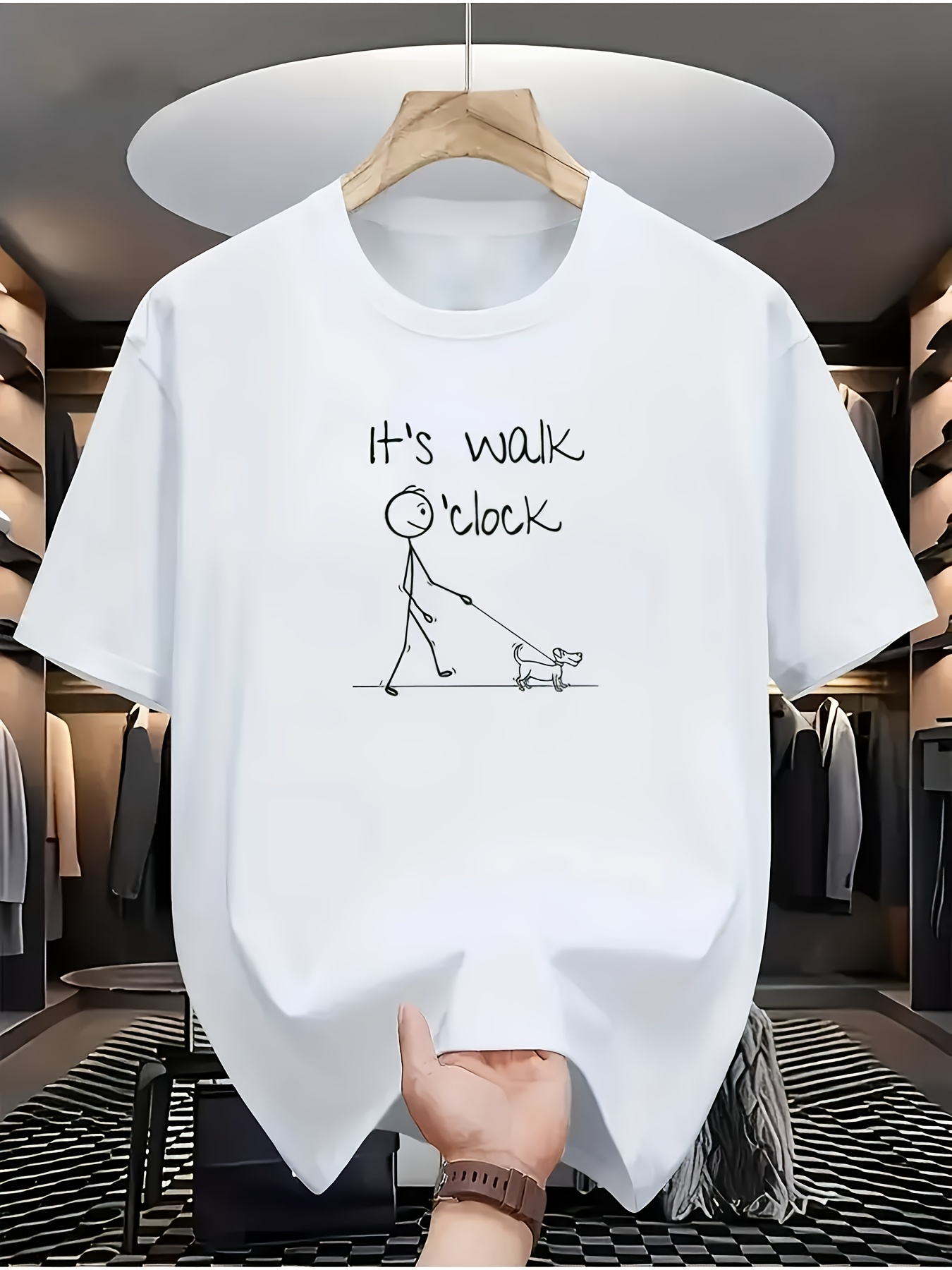 Men's Graphic T-Shirt Its Walk Oclock Playful Stick Figure Walking A Happy Little Dog Drawing