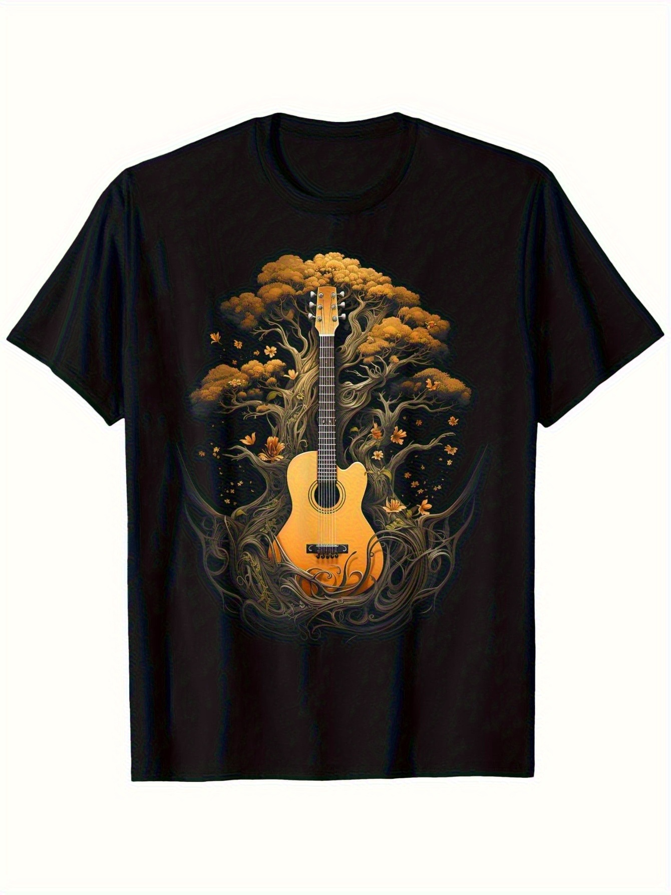 Men's Graphic T-Shirt Golden Autumn Leaves Growing Around Acoustic Guitar
