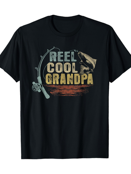 Men's Graphic T-Shirt Reel Cool Grandpa With Fishing Rod Water Ripple And Jumping Fish