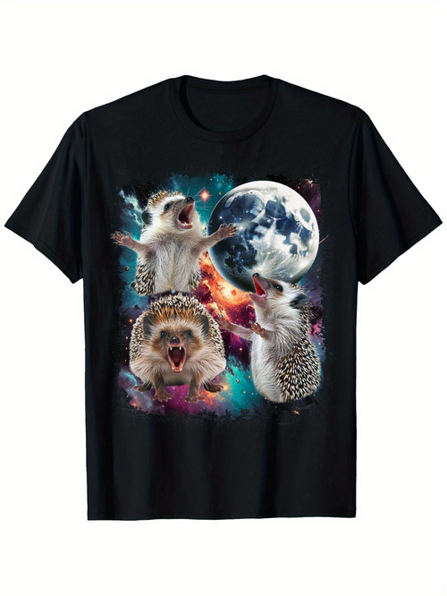 Men's Graphic T-Shirt Cosmic Mist With Three Hedgehogs Howling Beneath Full Blue Moonlight