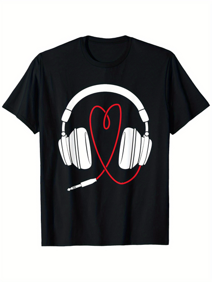 Men's Graphic T-Shirt Red Heart Shaped Wired Headphones On Black T Shirt