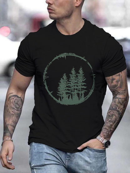 Men's Graphic T-Shirt Misty Forest Silhouette Encircled By Fading Lines And Tall Pine Trees