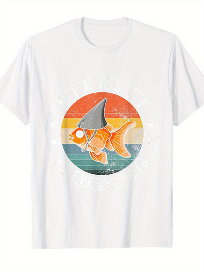 Men's Graphic T-Shirt Sunset Vintage Ocean With Playful Shark Fin Goldfish