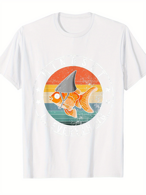 Men's Graphic T-Shirt Sunset Vintage Ocean With Playful Shark Fin Goldfish