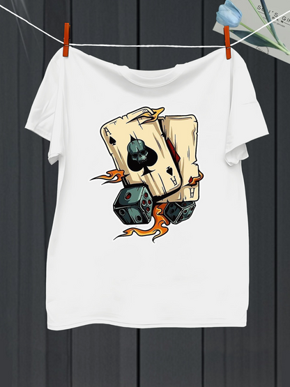 Men's Graphic T-Shirt Retro Playing Cards With Flaming Dice And Vintage Style