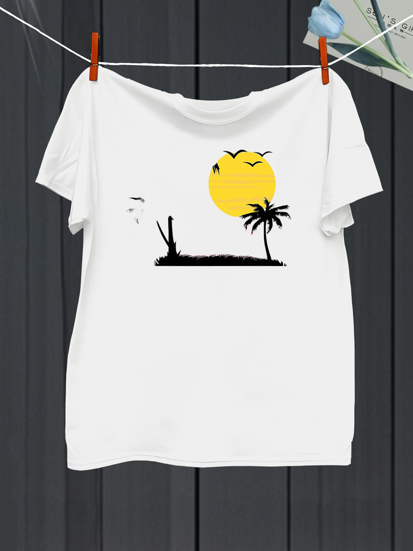 Men's Graphic T-Shirt Yellow Sun Over Palm Trees With Flying Birds In Distant Evening Landscape