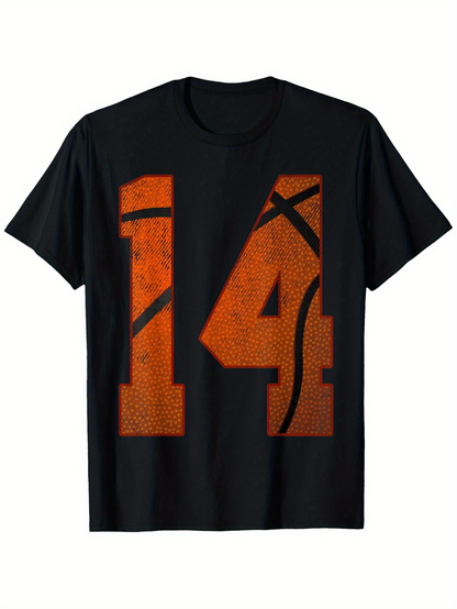 Men's Graphic T-Shirt Textured Orange Number Fourteen With Basketball Pattern Number