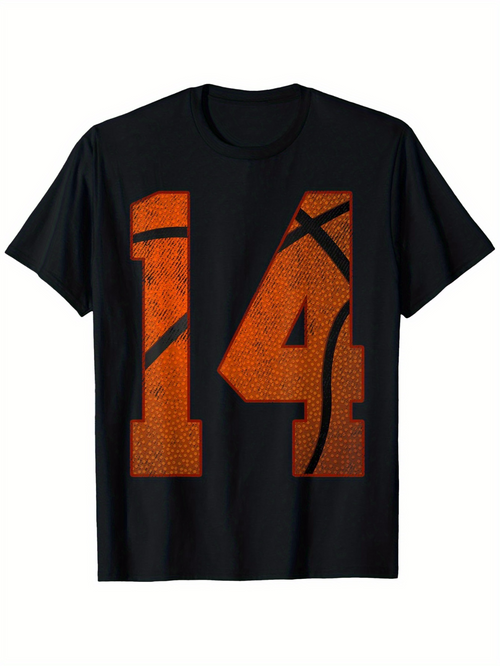 Men's Graphic T-Shirt Textured Orange Number Fourteen With Basketball Pattern Number