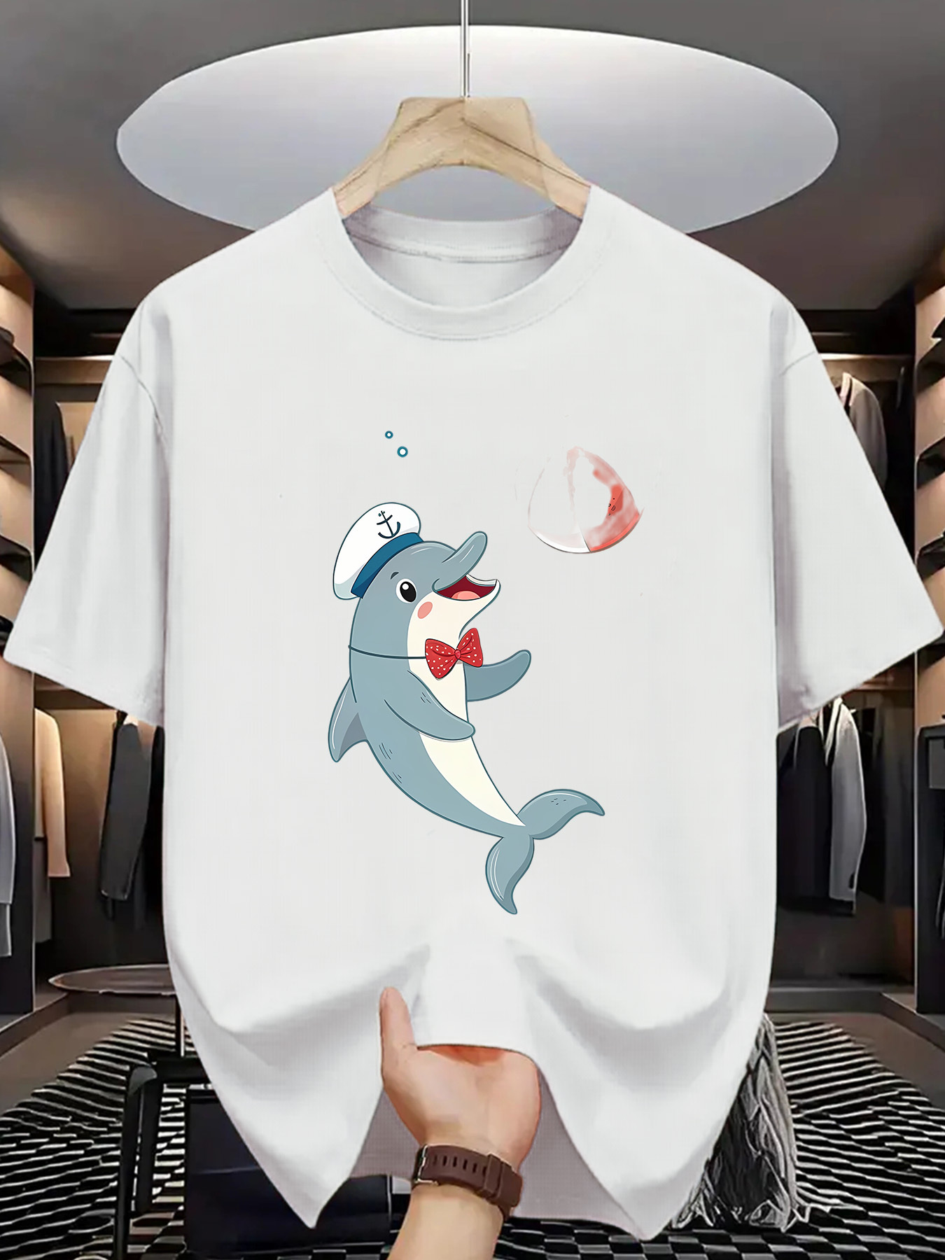 Men's Graphic T-Shirt Playful Dolphin With Bow Tie And Sailor Hat Smiling Under Bubbles Dolphin