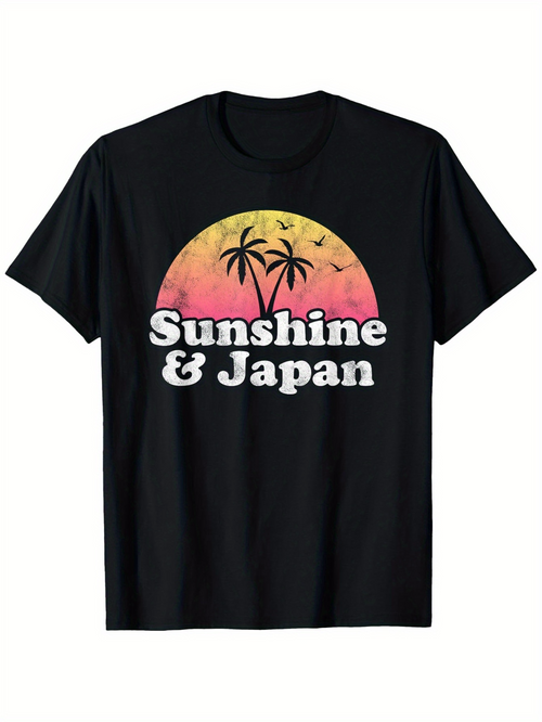 Men's Graphic T-Shirt Sunshine Japan Vibrant Sunset With Palm Trees And Flying Birds