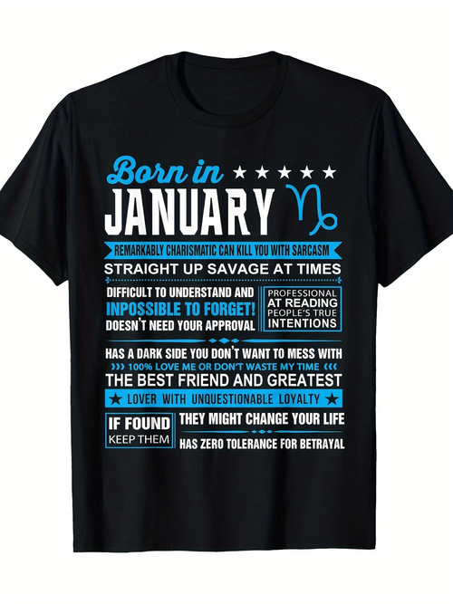 Men's Graphic T-Shirt Born In January Zodiac Themed Motivational Quotes With Stars Capricorn Symbol