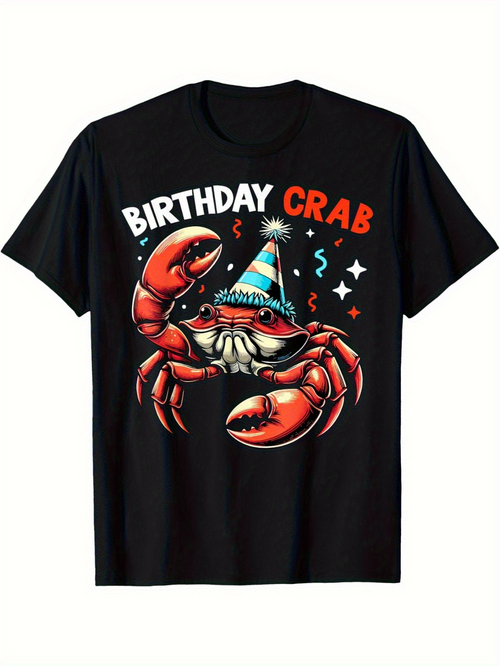 Men's Graphic T-Shirt Birthday Crab With Bright Party Hat On Dancing Cartoon Crab
