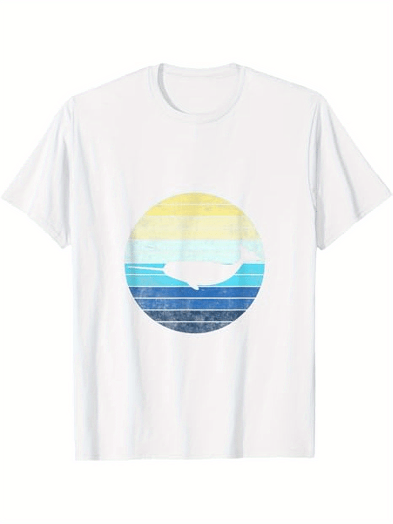 Men's Graphic T-Shirt Abstract Horizon With Faded Blue Yellow Lines In Calm Circular Design Sunset