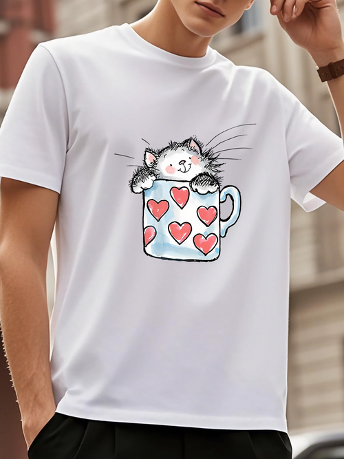Men's Graphic T-Shirt Playful Kitten Peeking Out Of A Heart Decorated Ceramic Mug
