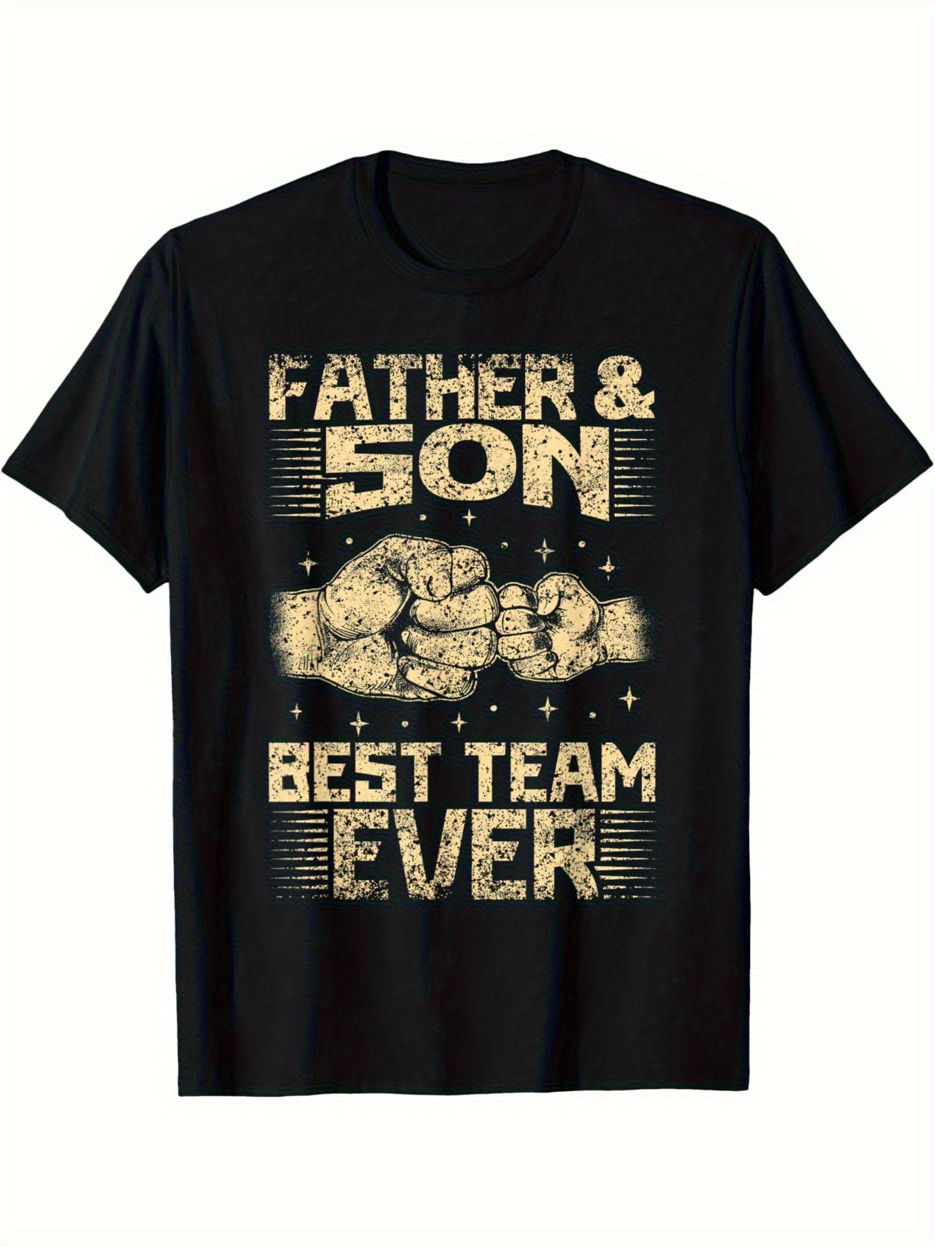 Men's Graphic T-Shirt Father And Son Best Team Ever With Fist Bumping Gestures Surrounded By Stars Black T Shirt