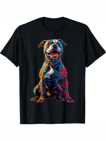 Men's Graphic T-Shirt Vivid Multicolored Abstract Brushstrokes Surrounding Smiling Sitting Dog