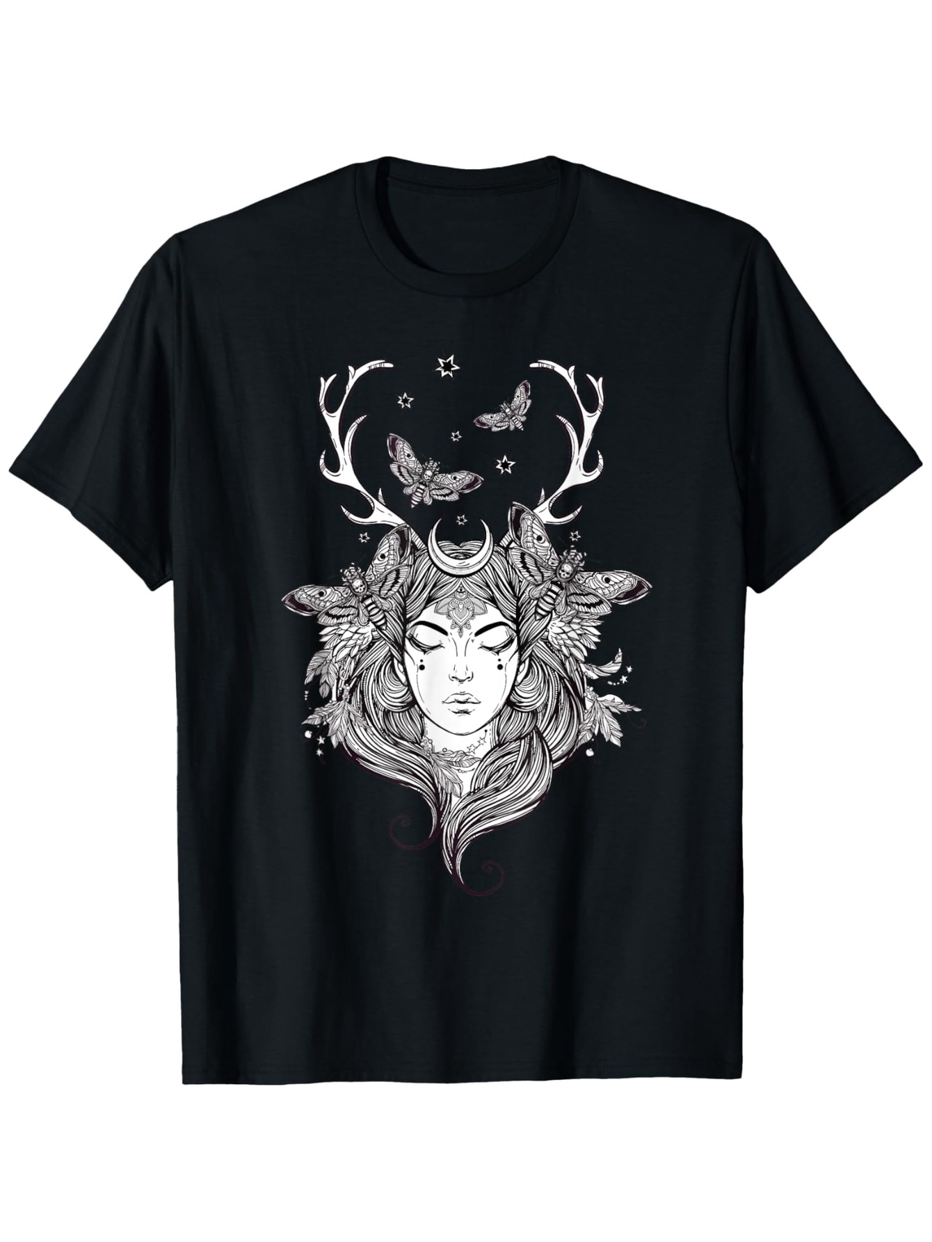 Men's Graphic T-Shirt Deer Antlers With Flowers Butterflies Surrounding Mystical Woman Face