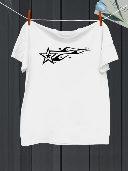 Men's Graphic T-Shirt Flowing Flames With Shooting Star In Bold Black Graphic Star