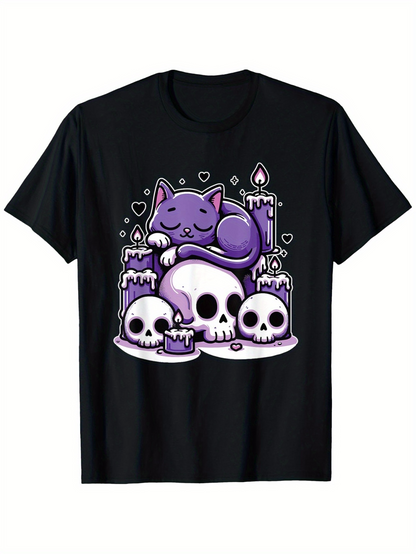 Men's Graphic T-Shirt Purple Cat Resting Among Glowing Candles And Three White Skulls
