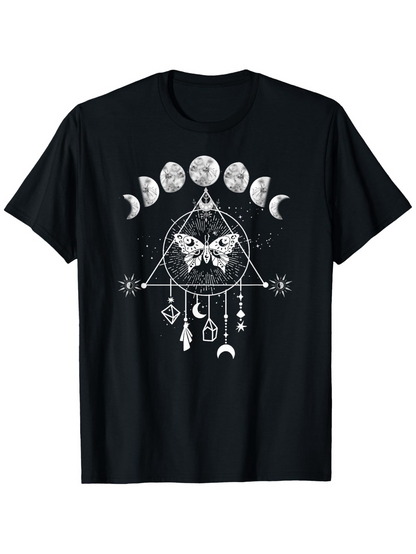 Men's Graphic T-Shirt Mystical Lunar Phases With Hanging Charms Around Geometric Dreamcatcher Butterfly